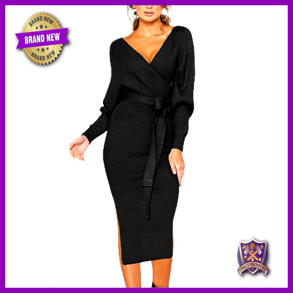 V-Neck Batwing Sleeve Backless Bodycon Midi Dress with Belt - Picture 1 of 7